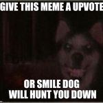 smile dog | GIVE THIS MEME A UPVOTE; OR SMILE DOG WILL HUNT YOU DOWN | image tagged in smile dog,memes,upvote,hunt you down | made w/ Imgflip meme maker
