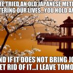 japanese | MY WIFE TRIED AN OLD JAPANESE METHOD OF DECLUTTERING OUR LIVES...YOU HOLD AN OBJECT; AND IF IT DOES NOT BRING JOY YOU GET RID OF IT...I LEAVE TOMORROW | image tagged in japanese | made w/ Imgflip meme maker