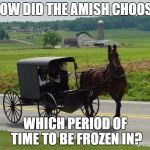 Amish Much? | HOW DID THE AMISH CHOOSE; WHICH PERIOD OF TIME TO BE FROZEN IN? | image tagged in amish | made w/ Imgflip meme maker