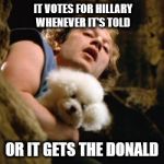 Buffalo bill | IT VOTES FOR HILLARY WHENEVER IT'S TOLD; OR IT GETS THE DONALD | image tagged in buffalo bill | made w/ Imgflip meme maker