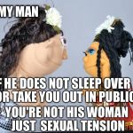 Sexual Tension | HE IS MY MAN; IF HE DOES NOT SLEEP OVER; OR TAKE YOU OUT IN PUBLIC; YOU'RE NOT HIS WOMAN JUST  SEXUAL TENSION | image tagged in sexual tension janice lexo tv | made w/ Imgflip meme maker