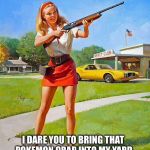 Pokemon NO ! | I DARE YOU TO BRING THAT POKEMON CRAP INTO MY YARD | image tagged in shotgun girl,pokemon go,get off my lawn | made w/ Imgflip meme maker