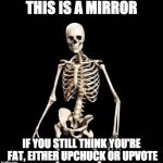 Ok, Here's The Skinny--  | THIS IS A MIRROR; IF YOU STILL THINK YOU'RE FAT, EITHER UPCHUCK OR UPVOTE | image tagged in funny memes,skeleton,dieting | made w/ Imgflip meme maker