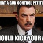 Tom Selleck | IS THAT A GUN CONTROL PETITION? I SHOULD KICK YOUR ASS | image tagged in tom selleck | made w/ Imgflip meme maker