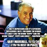 Garry Marshall Peppy and Cheap | ". . . THAT'S DEPRESSING AND IT'S EXPENSIVE, TWO WORDS I HATE. YOU KNOW THE WORDS I LIKE? I LIKE THE WORD "PEPPY" AND THE WORD "CHEAP". PEPPY AND CHEAP." - SOAPDISH, 1991; GARY MARSHALL,
11/13/34 - 7/19/16 REST IN PEACE, BRILLIANTLY FUNNY MAN. | image tagged in peppy,cheap,rest,in,peace,garry marshall | made w/ Imgflip meme maker
