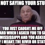 Stupid: TNG | I'M NOT SAYING YOUR STUPID; YOU JUST CAUGHT ME OFF GUARD WHEN I ASKED YOU TO SPELL MISSISSIPPI AND YOU ASKED IF I MEANT THE RIVER OR STATE. | image tagged in picard well fuck you too,stupid,picard,picard wtf,captain picard facepalm | made w/ Imgflip meme maker