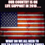 Time to clean up after 8 yrs in the toilet! | AFTER ALMOST 8 YRS OF THE TURD THAT IS OBAMA, OUR COUNTRY IS ON LIFE SUPPORT IN 2016 . . . WHAT DO WE ALL NEED TO USE TO CLEAN UP AFTER A TURD? A GOOD, HEALTHY HANDFUL OF | image tagged in american flag | made w/ Imgflip meme maker