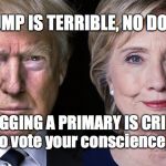 Donald Trump and Hillary Clinton | TRUMP IS TERRIBLE, NO DOUBT; BUT RIGGING A PRIMARY IS CRIMINAL! Tough to vote your conscience, isn't it? | image tagged in donald trump and hillary clinton | made w/ Imgflip meme maker