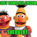 I scream, You scream...We all scream for sorbet | HOW ABOUT SOME ICE CREAM, ERNIE? SHERBERT | image tagged in bert and ernie,memes,funny,ice cream | made w/ Imgflip meme maker