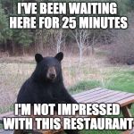 Bear at Picnic Table | I'VE BEEN WAITING HERE
FOR 25 MINUTES; I'M NOT IMPRESSED WITH THIS RESTAURANT | image tagged in bear at picnic table | made w/ Imgflip meme maker
