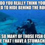 Annoyed Shark | DO YOU REALLY THINK YOU NEED TO HIDE BEHIND THE ROCK? I ATE SO MANY OF THOSE FISH OVER THERE THAT I HAVE A STOMACH ACHE | image tagged in annoyed shark | made w/ Imgflip meme maker