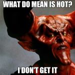 Darkness Satan | WHAT DO MEAN IS HOT? I DON'T GET IT | image tagged in darkness satan | made w/ Imgflip meme maker