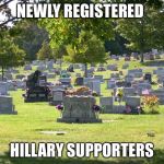 cemetery | NEWLY REGISTERED; HILLARY SUPPORTERS | image tagged in cemetery | made w/ Imgflip meme maker