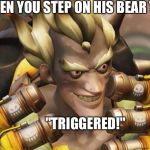 Pure anger. | WHEN YOU STEP ON HIS BEAR TRAP; "TRIGGERED!" | image tagged in junkrat,overwatch,overwatch junkrat,blizzard entertainment,overwatch memes | made w/ Imgflip meme maker