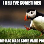 Better than Hillary at least... | I BELIEVE SOMETIMES; TRUMP HAS MADE SOME VALID POINTS | image tagged in unpopular opinion penguin,donald trump,good points | made w/ Imgflip meme maker