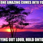 Someone Amazing | IF SOMEONE AMAZING COMES INTO YOUR LIFE; FOR CRYING OUT LOUD, HOLD ONTO THEM! | image tagged in sunrise purple beauty,someone comes into your life,hold onto them,love | made w/ Imgflip meme maker