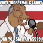 dnc | YES, WE DID WRITE THOSE EMAILS ABOUT MR. SANDERS; WHAT CAN YOU SAY... AN ASS IS AN ASS | image tagged in dnc | made w/ Imgflip meme maker