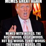 Trump going on | I'M GONNA MAKE MEMES GREAT AGAIN; MEMES WITH WORDS. THE BEST WORDS. GREAT WORDS. NOT BIG WORDS. FUNNY WORDS. THE FUNNEST WORDS. ITS GONNA BE GREAT. FRONT PAGE. | image tagged in trump going on | made w/ Imgflip meme maker