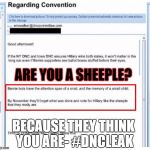 DNCleaks | ARE YOU A SHEEPLE? BECAUSE THEY THINK YOU ARE- #DNCLEAK | image tagged in dncleaks | made w/ Imgflip meme maker