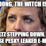 debbie wasserman shultz | DING DONG, THE WITCH IS DEAD; SHULTZ STEPPING DOWN. DAM THOSE PESKY LEAKED E-MAILS! | image tagged in debbie wasserman shultz | made w/ Imgflip meme maker