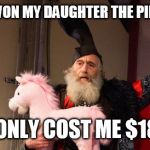 Love going to the carnival with my 4 year old daughter  | YEAH....I WON MY DAUGHTER THE PINK PONY... ...ONLY COST ME $187 | image tagged in free ponies for everyone,funny,memes,carnival | made w/ Imgflip meme maker