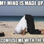 Head in trhe sand with stupidity | MY MIND IS MADE UP. DON’T CONFUSE ME WITH THE FACTS. | image tagged in head in trhe sand with stupidity | made w/ Imgflip meme maker