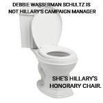 Toilet | DEBBIE WASSERMAN SCHULTZ IS NOT HILLARY'S CAMPAIGN MANAGER; SHE'S HILLARY'S HONORARY CHAIR. | image tagged in toilet | made w/ Imgflip meme maker