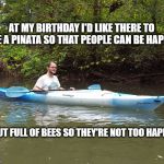 Kayak Kelly | AT MY BIRTHDAY I'D LIKE THERE TO BE A PINATA SO THAT PEOPLE CAN BE HAPPY; BUT FULL OF BEES SO THEY'RE NOT TOO HAPPY | image tagged in birthday,funny,dark humor,kayak kelly | made w/ Imgflip meme maker