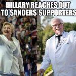 Who wore it best? | HILLARY REACHES OUT TO SANDERS SUPPORTERS | image tagged in hillary reaches out to saders supporters,hillary clinton 2016,bernie sanders | made w/ Imgflip meme maker