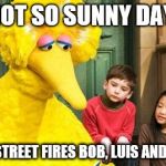 Sad Big Bird | NOT SO SUNNY DAY; SESAME STREET FIRES BOB, LUIS AND GORDON | image tagged in sad big bird | made w/ Imgflip meme maker