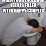 Drunk puking toilet | WHEN YOUR FACEBOOK FEED IS FILLED WITH HAPPY COUPLES | image tagged in drunk puking toilet | made w/ Imgflip meme maker