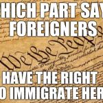 Can't take everybody | WHICH PART SAYS FOREIGNERS; HAVE THE RIGHT TO IMMIGRATE HERE | image tagged in constitution,immigration,refugees,illegal immigration,trump wall,muslims | made w/ Imgflip meme maker