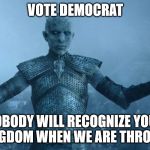 Army of the dead game of thrones | VOTE DEMOCRAT; NOBODY WILL RECOGNIZE YOUR KINGDOM WHEN WE ARE THROUGH | image tagged in army of the dead game of thrones | made w/ Imgflip meme maker