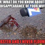 Crawfish Interview | SIR, WHAT DO YOU KNOW ABOUT THE DISAPPEARANCE OF YOUR WIFE? I LOBSTER AND I NEVER FLOUNDER | image tagged in crawfish interview | made w/ Imgflip meme maker