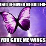 You Gave Me Wings | INSTEAD OF GIVING ME BUTTERFLIES; YOU GAVE ME WINGS | image tagged in purple butterfly,you gave me wings,wings,flying,love | made w/ Imgflip meme maker