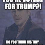 WTF Derek Hough | YOU'RE VOTING FOR TRUMP?! DO YOU THINK HIS TINY HANDS WILL SUPPORT YOU? | image tagged in wtf derek hough | made w/ Imgflip meme maker