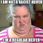 Regular Heifer | I AM NOT A RACIST HEIFER; I'M A REGULAR HEIFER | image tagged in ugly,meme,racist,cow,redneck,fat | made w/ Imgflip meme maker