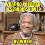 Bad Pun Sanford | WHAT DO POLLUTED RESERVOIRS HAVE? H2 WOES | image tagged in bad pun sanford | made w/ Imgflip meme maker