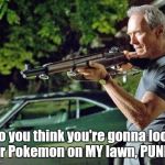 Do you feel lucky? | Do you think you're gonna look for Pokemon on MY lawn, PUNK? | image tagged in clint eastwood lawn,pokemon go | made w/ Imgflip meme maker