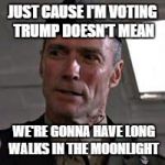 Clint Eastwood Gunny Highway | JUST CAUSE I'M VOTING TRUMP DOESN'T MEAN; WE'RE GONNA HAVE LONG WALKS IN THE MOONLIGHT | image tagged in clint eastwood gunny highway | made w/ Imgflip meme maker