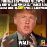 I spelled wall with 2 'L's so you'd know what I was joking about. | IF ILLEGALS DON'T WANNA FOLLOW THE LAW THEY WILL BE PUNISHED, IT MAKES SENSE, BECAUSE WHAT IS LAW SPELLED BACKWARDS; LAW; WALL | image tagged in ancient aliens donald trump | made w/ Imgflip meme maker
