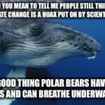Skeptical Humpback Whale | SO YOU MEAN TO TELL ME PEOPLE STILL THINK CLIMATE CHANGE IS A HOAX PUT ON BY SCIENTISTS... GOOD THING POLAR BEARS HAVE GILLS AND CAN BREATHE UNDERWATER. | image tagged in skeptical humpback whale,memes,funny memes | made w/ Imgflip meme maker