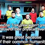 Real Diversity Honors Commonality | The Star Trek crew wasn't great because of their physical diversity; It was great because of their common humanity | image tagged in star trek,diversity | made w/ Imgflip meme maker
