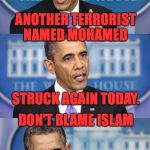 Obama speech(less) | ANOTHER TERRORIST NAMED MOHAMED; STRUCK AGAIN TODAY. DON'T BLAME ISLAM; CITIZENS STAY CALM  & GIVE UP YOUR GUNS | image tagged in obama speechless | made w/ Imgflip meme maker