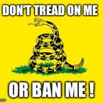 Another flag under attack  | DON'T TREAD ON ME; OR BAN ME ! | image tagged in gadsden flag | made w/ Imgflip meme maker