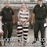SOME CRIMES TURN OUT TO BE LEGAL, JUST WRONG | MA'M YOU'RE CHARGED WITH; SUCKING $3,7 MILLION FROM THE SCHOOLS | image tagged in prisoner in custody,mayor,school,budget,spending | made w/ Imgflip meme maker