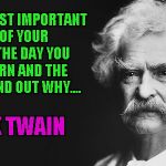 Seems legit to me... | THE TWO MOST IMPORTANT DAYS OF YOUR LIFE ARE THE DAY YOU WERE BORN AND THE DAY YOU FIND OUT WHY.... MARK TWAIN | image tagged in mark twain,memes,funny,funny quotes,quotes | made w/ Imgflip meme maker