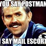 mailman | YOU SAY POSTMAN; I SAY MAIL ESCORT | image tagged in mailman | made w/ Imgflip meme maker