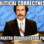 Ron Burgundy don't do PC | POLITICAL CORRECTNESS; WAS CREATED BY PUSSIES FOR PUSSIES | image tagged in anchorman | made w/ Imgflip meme maker