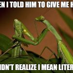 Mantis Cannibal | WHEN I TOLD HIM TO GIVE ME HEAD; HE DIDN'T REALIZE I MEAN LITERALLY | image tagged in mantis cannibal | made w/ Imgflip meme maker